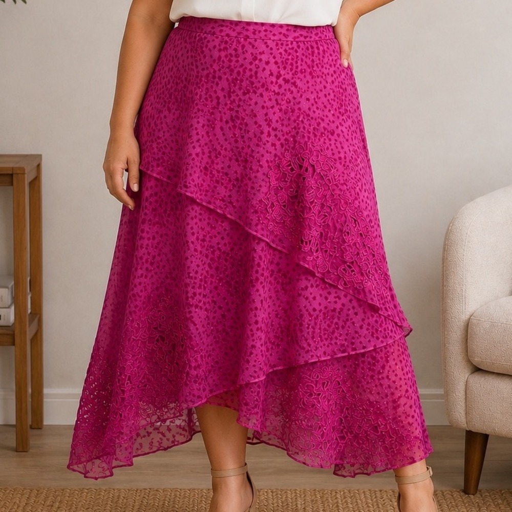 Vera Cristina Women's 14 Pink 100% Silk Tiered Midi Skirt Ruffle Y2K Romantic